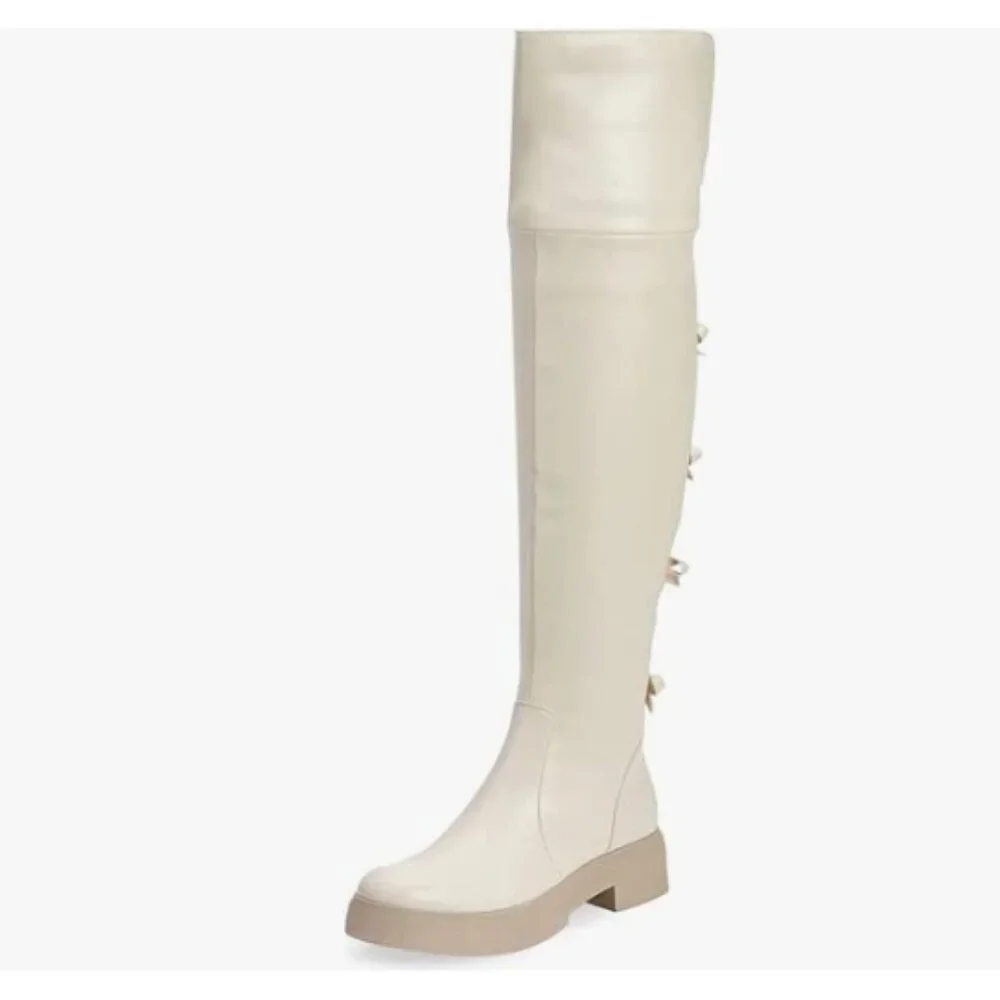 FSJ White Over The Knee Boots Round Toe Side Zipper Low Block Heel Long Booties